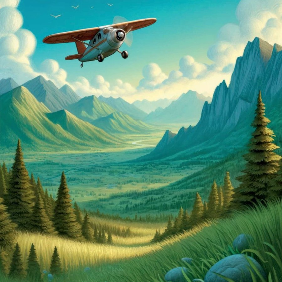 A small propeller plane crosses a vast green valley between mountains, on the way to find the giant giraffe.